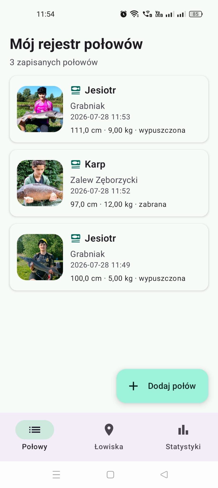 Rzeczywisty ekran aplikacji Mój Rejestr Połowów z listą zapisanych połowów