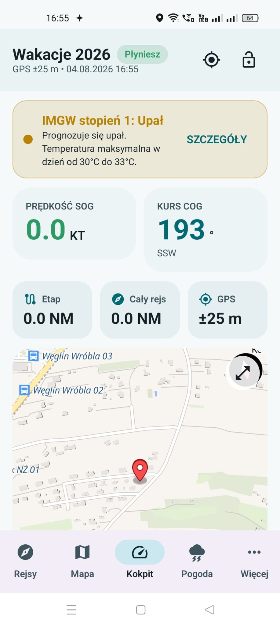 Kokpit aktywnego rejsu z mapą, prędkością, kursem i GPS
