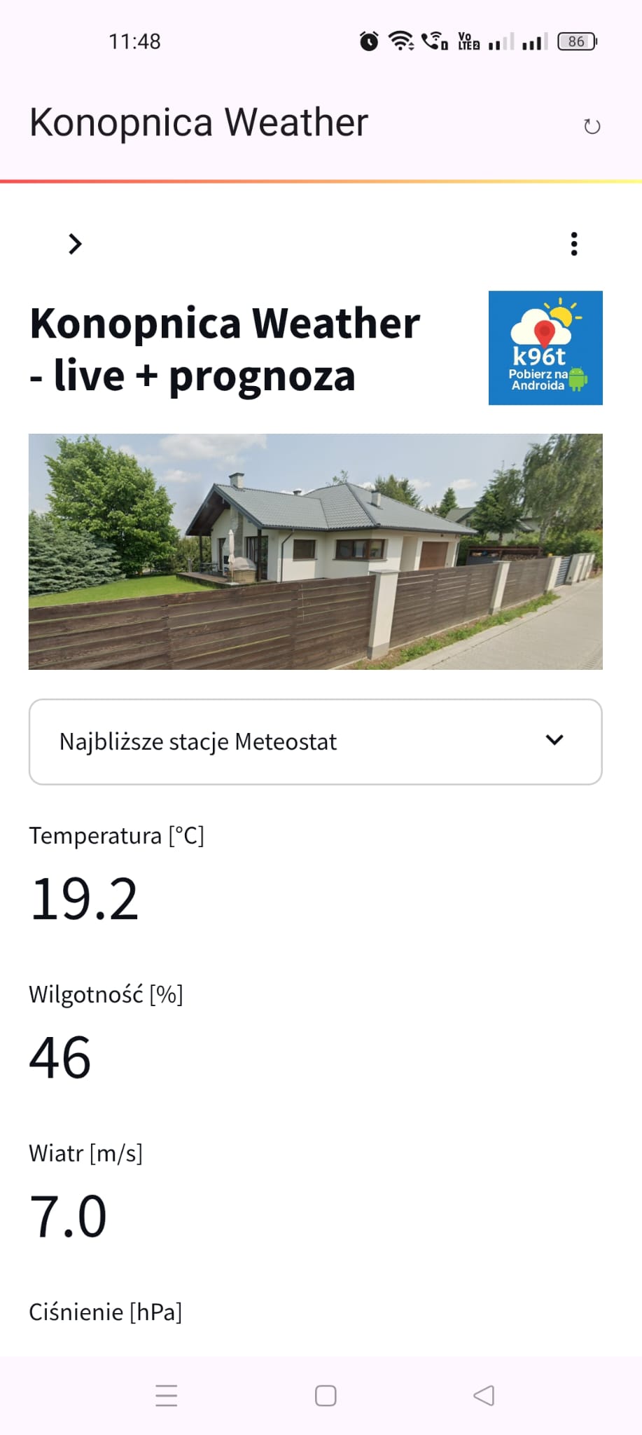 Podgląd ekranu głównego aplikacji Konopnica Weather